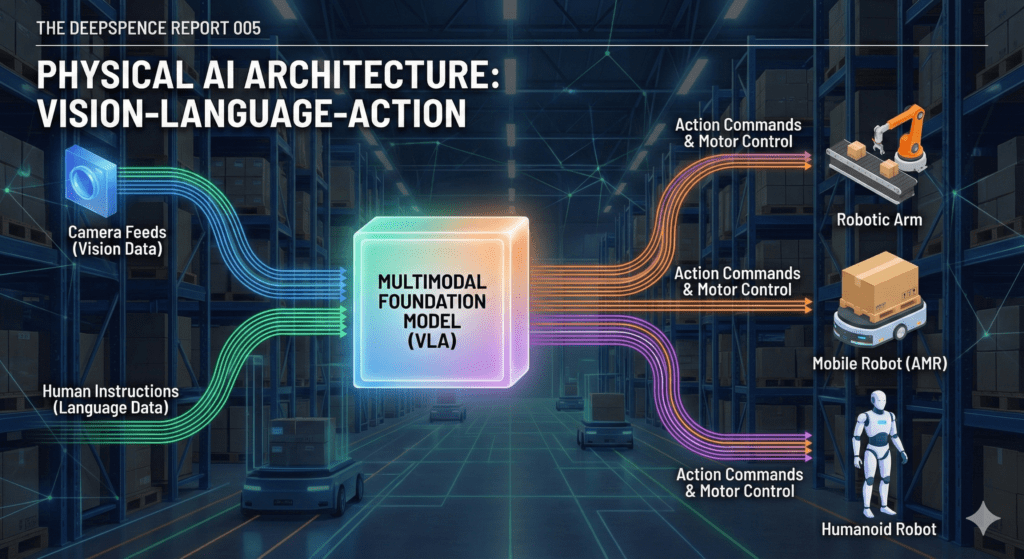 Infographic: Physical AI Architecture showing Vision-Language-Action (VLA) flow from multimodal foundation models to robotic actuators.